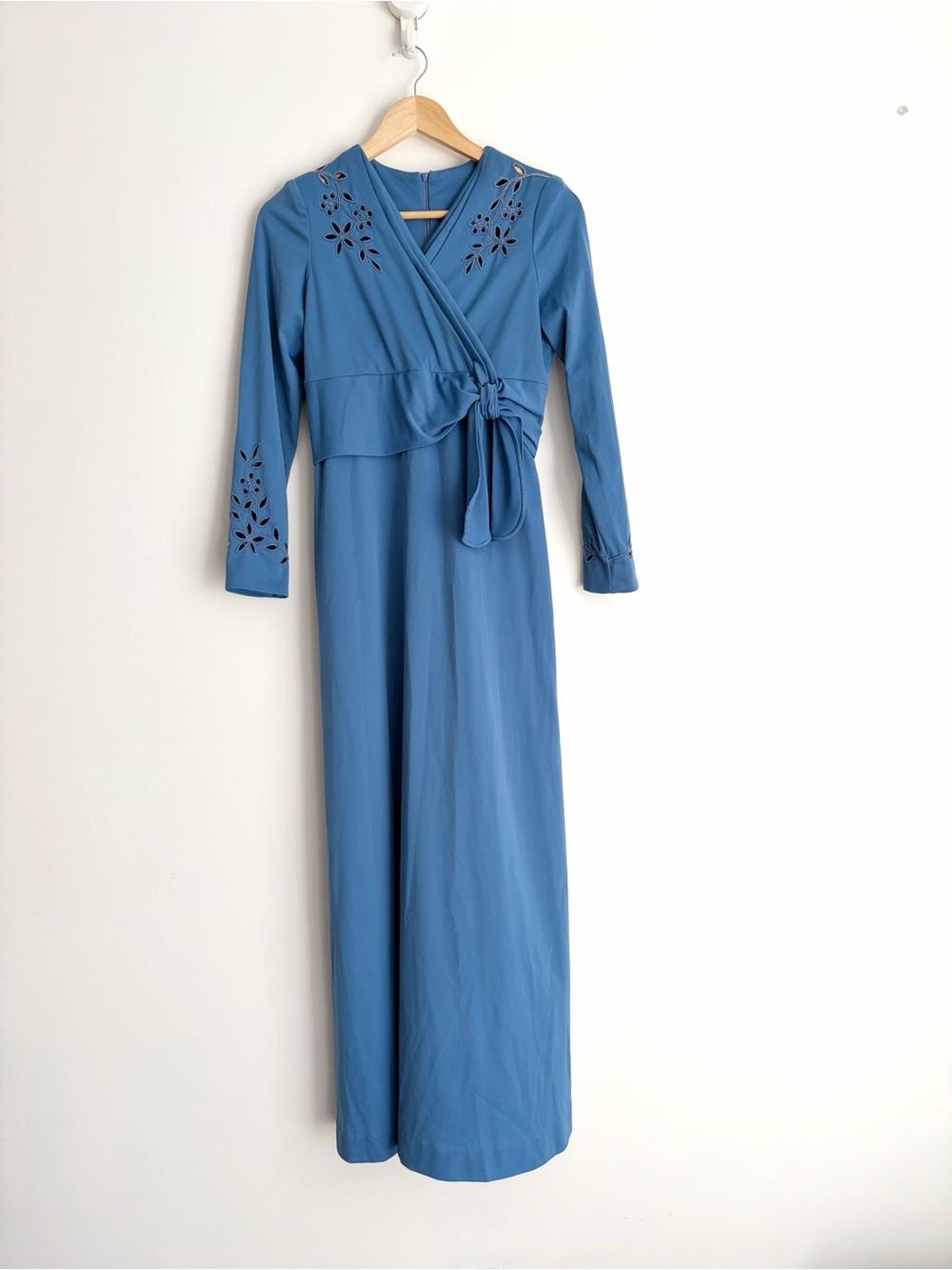 Vintage 1970s Romantic Blue Floral Cutwork Wrap Front Maxi Dress XS
